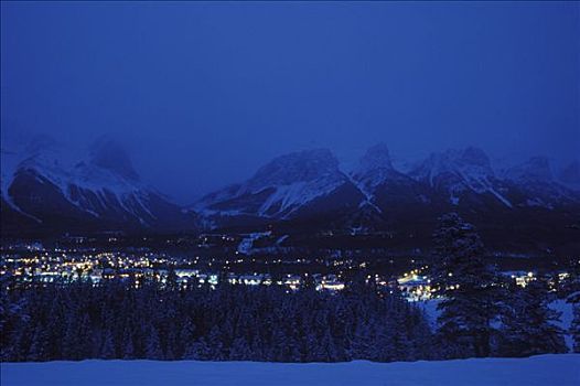 俯视,寒冷,冬天,夜晚,顶峰,山脉,后面,加拿大,艾伯塔省