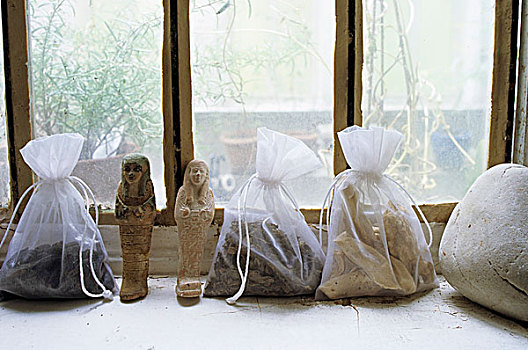 系,塑料袋,窗,窗台,小,石头,小雕像
