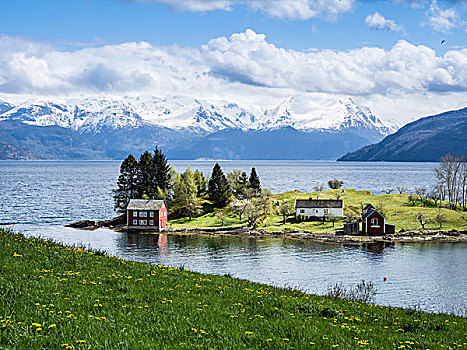 特色,红房,岛屿,靠近,霍达兰,挪威
