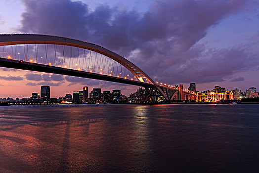 上海城市风光,卢浦大桥与黄浦江黄昏夜景