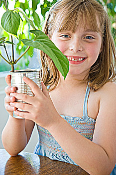 微笑,女孩,拿着,植物