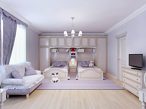 孩子,卧室,两个,紫色,单人床,组合,墙壁
