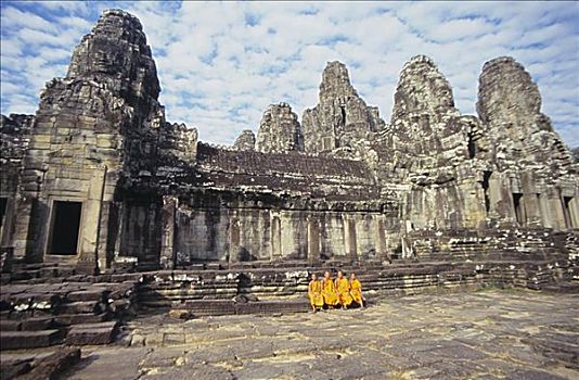 柬埔寨,收获,吴哥窟,巴扬寺,四个,僧侣,坐