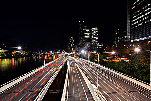 城市,公路,天际线,夜晚,布里斯班,昆士兰,澳大利亚