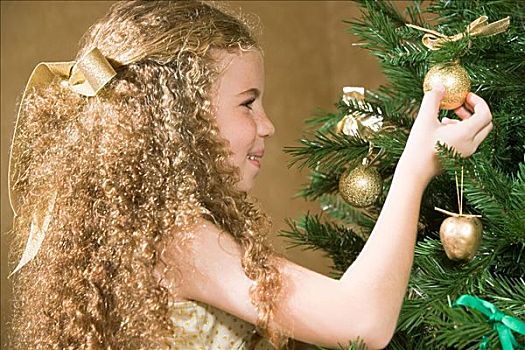 女孩,装饰,圣诞树