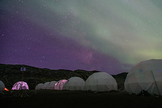 北极光,上方,排,圆顶,帐篷,格陵兰