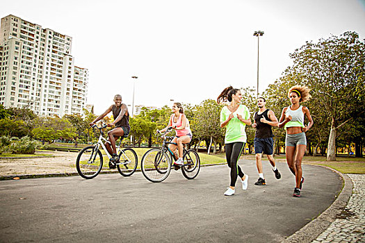 成年,朋友,培训,跑,自行车,公园