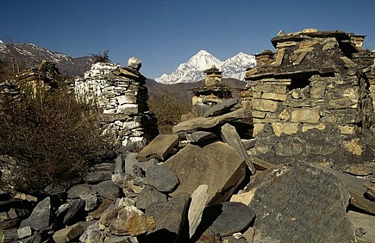 遗址,建筑,积雪,山峦,背景,尼泊尔