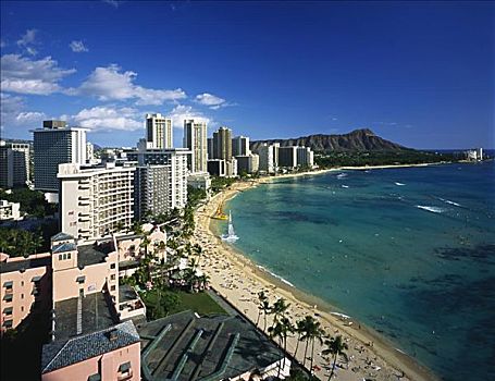 夏威夷,瓦胡岛,俯视图,怀基基海滩,场景,钻石海岬,酒店,帆船