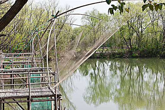 杭州西溪湿地鱼塘网鱼