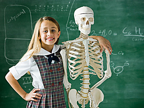 女孩,教室,站立,正面,黑板,人体骨骼