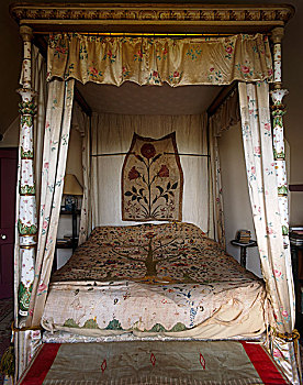 陶瓷,四柱床,绸缎,帘,老式,纺织品