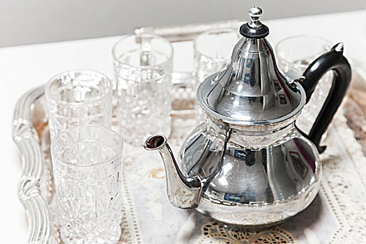 摩洛哥,茶,发光,金属,茶壶,玻璃杯