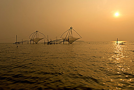 中国,渔网,日出,湖,喀拉拉,印度,亚洲