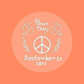 平和,白天,九月,矢量,插画,标识,嬉皮士,象征,围绕,鸽子,小穗,左边,右边,橙色背景
