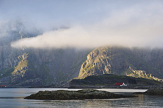雾,靠近,罗弗敦群岛,挪威