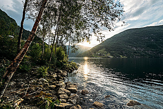 日落,上方,平和,湖,挪威