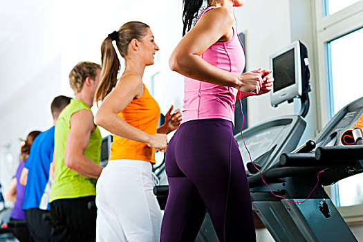 跑,跑步机,健身房,健身俱乐部,群体,女人,男人,练习,收获,健身