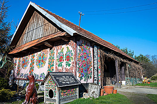 传统,老,木质,农场,涂绘,彩色,花,乡村,靠近,小波兰省,波兰,欧洲