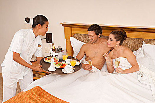 伴侣,床上早餐,酒店