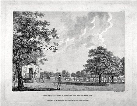 军队,露营,海德公园,伦敦,1780年