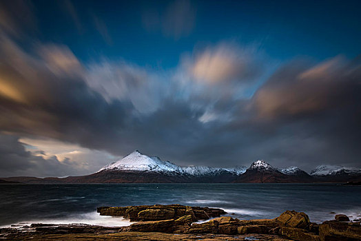 大,石头,水,北海,积雪,山,背景,斯凯岛,苏格兰,英国,欧洲