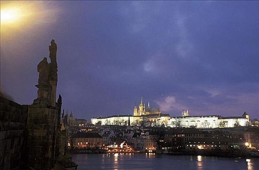 光亮,黃昏,夜晚,风景,桥,查理大桥,宫殿,城堡,布拉格,捷克共和国,欧洲,欧盟新成员