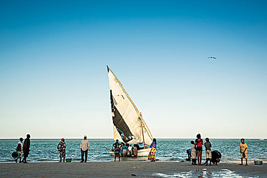 女人,等待,渔民,到达,独桅三角帆船,海滩,群岛,莫桑比克