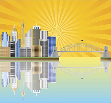 悉尼,澳大利亚,天际线,太阳光线,插画