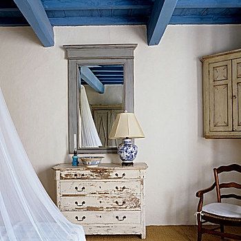 旧式,衣柜,正面,框架,镜子,房间,蓝色
