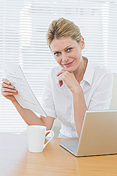 微笑,职业女性,笔记本电脑,文件,书桌