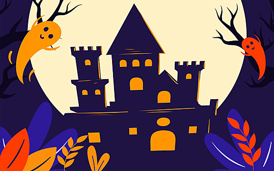 万圣节月夜城堡南瓜灯插画节日魔幻派对海报