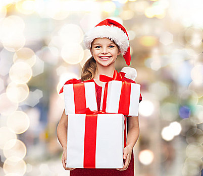 休假,礼物,圣诞节,孩子,人,概念,微笑,小女孩,圣诞老人,帽子,礼盒,上方,背景