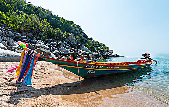 船,海滩,蓝绿色海水,龟岛,海湾,泰国,亚洲