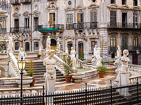 喷泉,广场,比勒陀利亚,雕刻师,巴勒莫,西西里,意大利,欧洲
