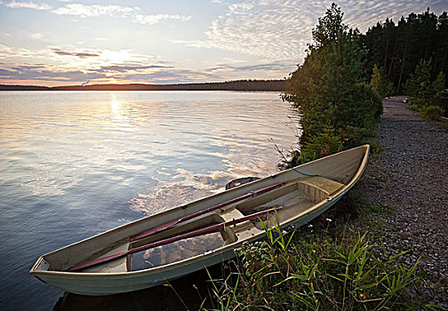 早晨,风景,老,划艇,海岸,湖,芬兰