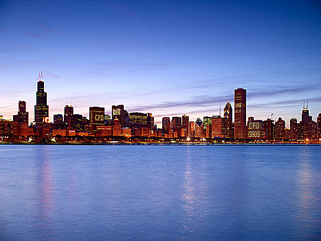 芝加哥,密歇根湖,天际线,黄昏