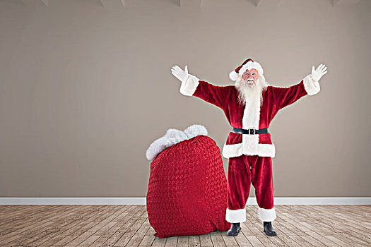 合成效果,图像,高兴,圣诞老人,袋,礼物,房间,木地板