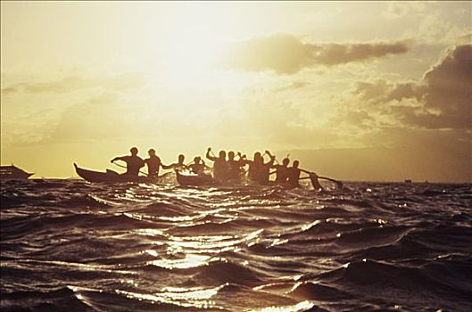 夏威夷,瓦胡岛,湾,剪影,桨手,舷外支架,独木舟,金色,下午,亮光
