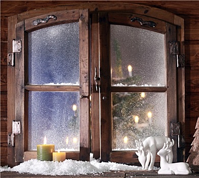 雪,驯鹿,灯光,蜡烛,窗边,窗格