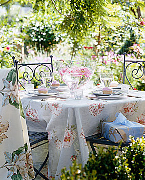 下午茶,四个,漂亮,桌子,花园