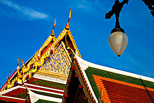 亚洲,曼谷,庙宇,泰国,抽象,十字架,彩色,屋顶,寺院,宗教,图案,晴朗