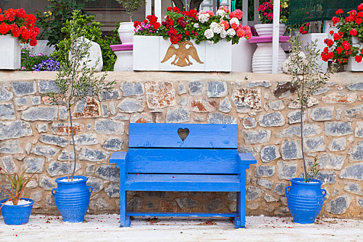 特色,蓝色,长椅,正面,石墙,希腊