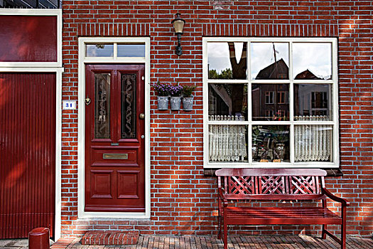 红色,砖,房子,长椅,门,荷兰,欧洲