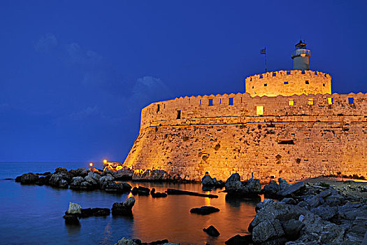 城堡,曼德拉基港,港口,罗德斯镇,罗得斯,希腊,欧洲
