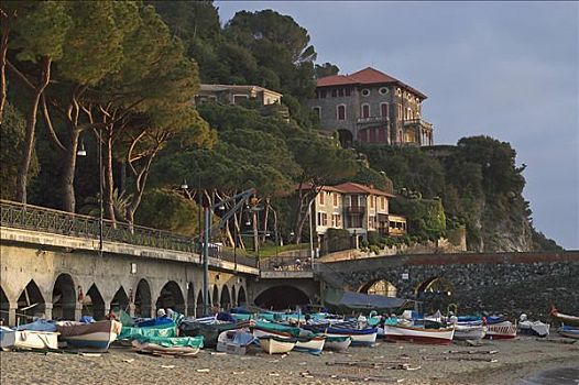 别墅,渔船,海滩,散步场所,五渔村,利古里亚,意大利