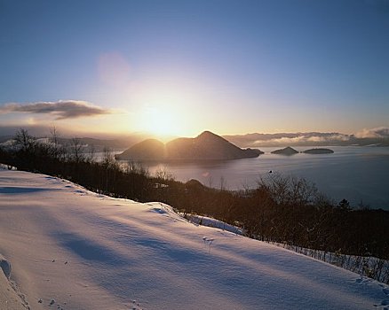 湖,冬天,日出