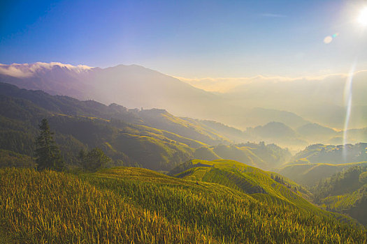 中国广西桂林龙脊梯田日照美景