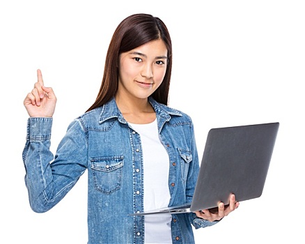 亚洲女性,笔记本电脑,手指,向上