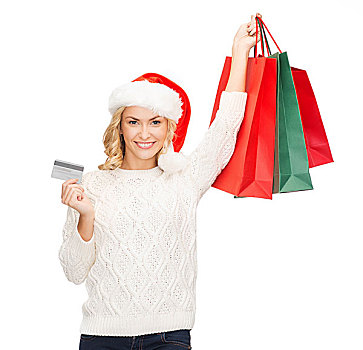 购物,销售,礼物,圣诞节,圣诞,概念,微笑,女人,圣诞老人,帽子,购物袋,信用卡